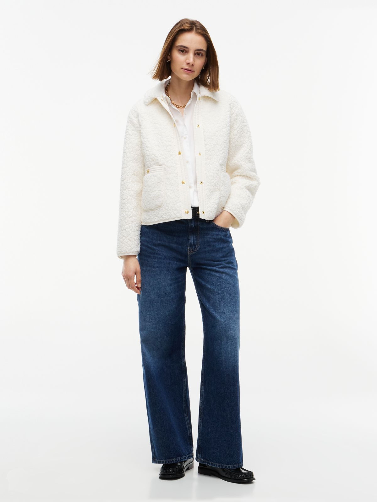 Gold-Button Teddy Fleece Jacket — Ivory