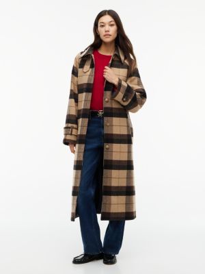 Plaid Wool-Blend Belted Car Coat, Clayed Pebble Multi
