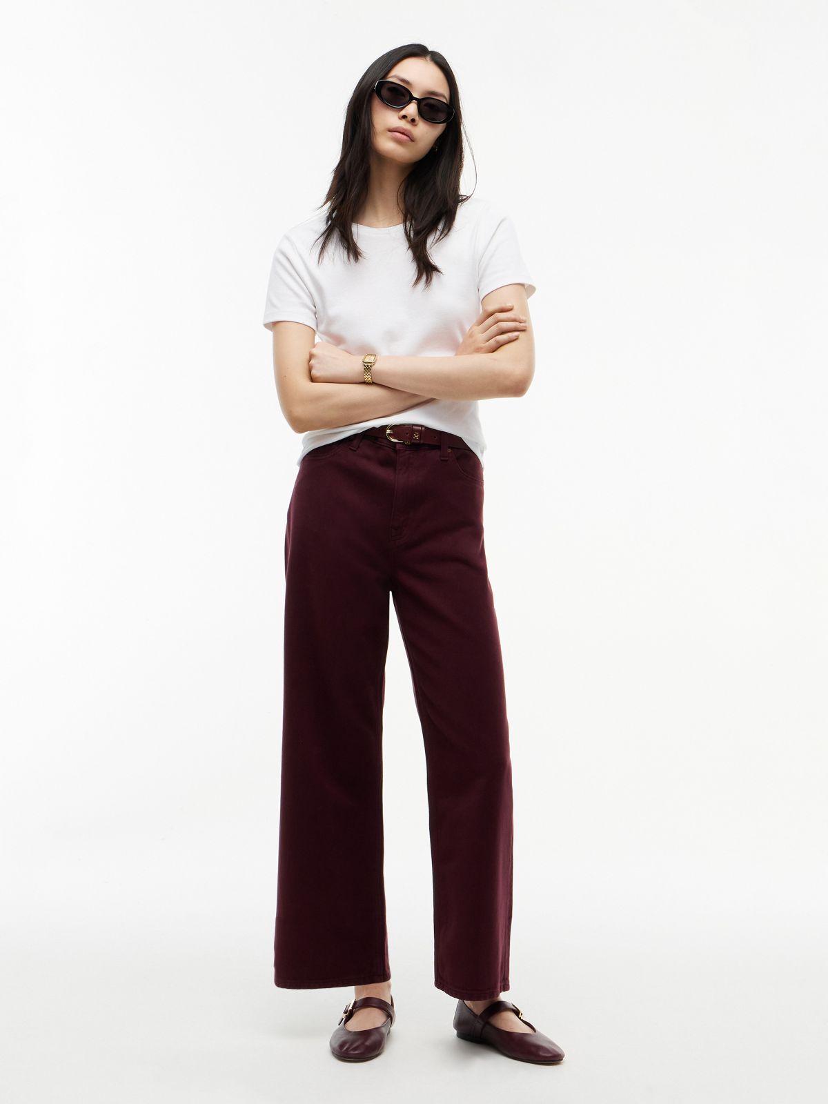 High-Rise Garment-Dyed Wide Leg Jean — Burgundy