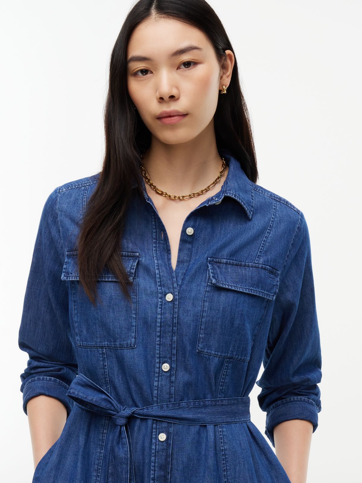 Belted Denim Utility Shirtdress — Dark Wash