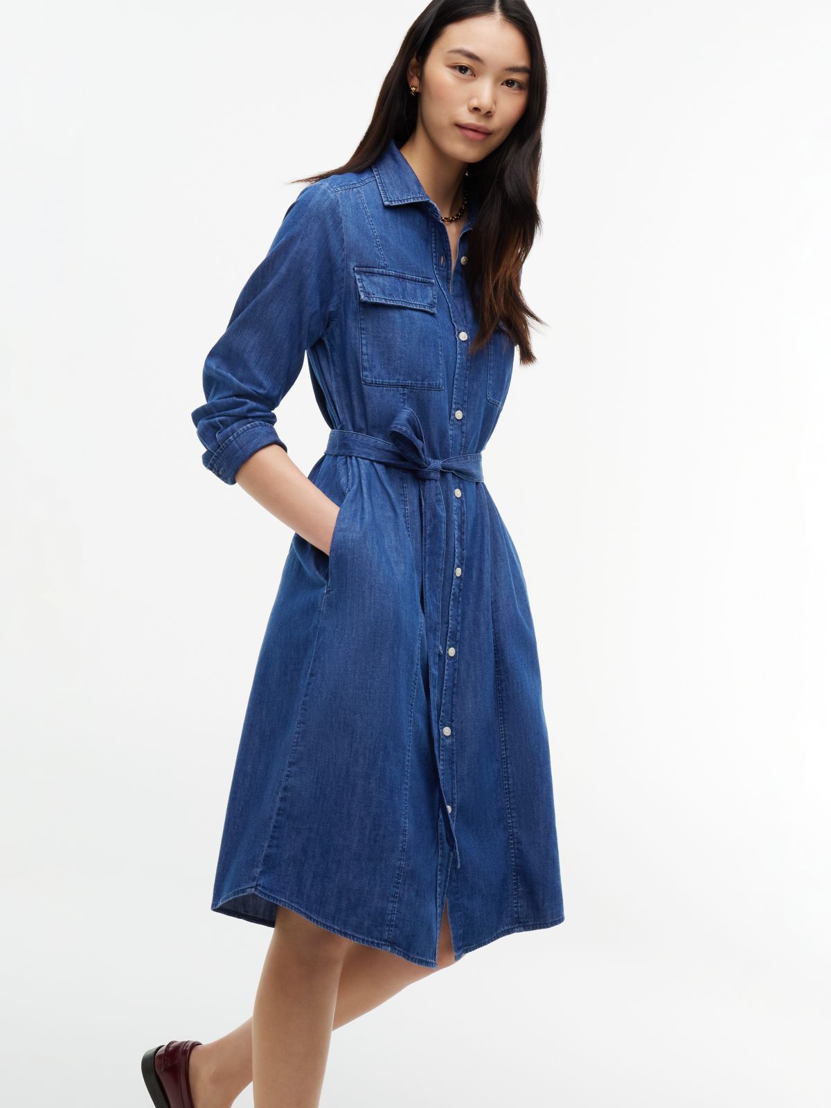 Belted Denim Utility Shirtdress — Dark Wash