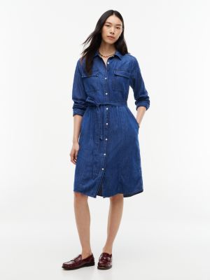 Belted Denim Utility Shirtdress, Dark Wash