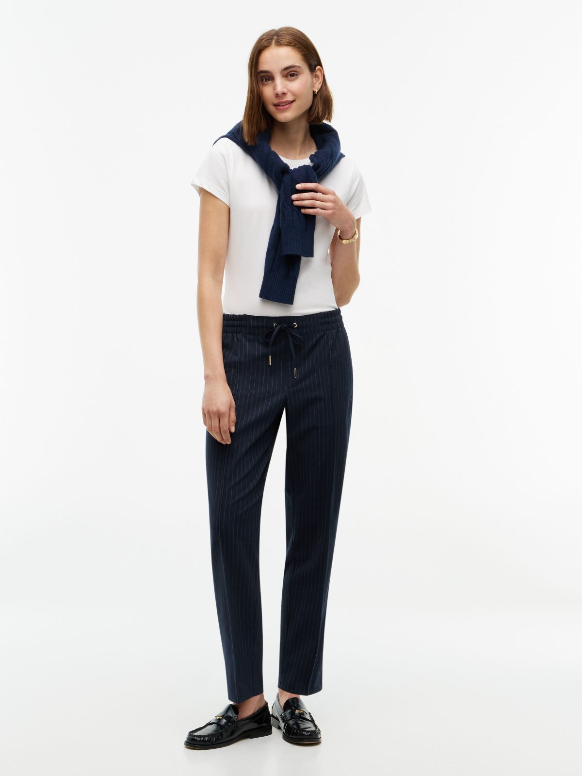 Tapered Drawstring Jogger Pant — Navy Pinstripe