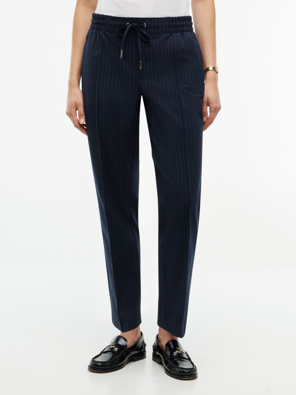 Tapered Drawstring Jogger Pant — Navy Pinstripe