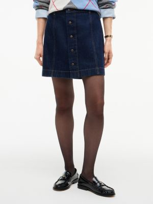 Button-Front Denim Mini Skirt, Rinse