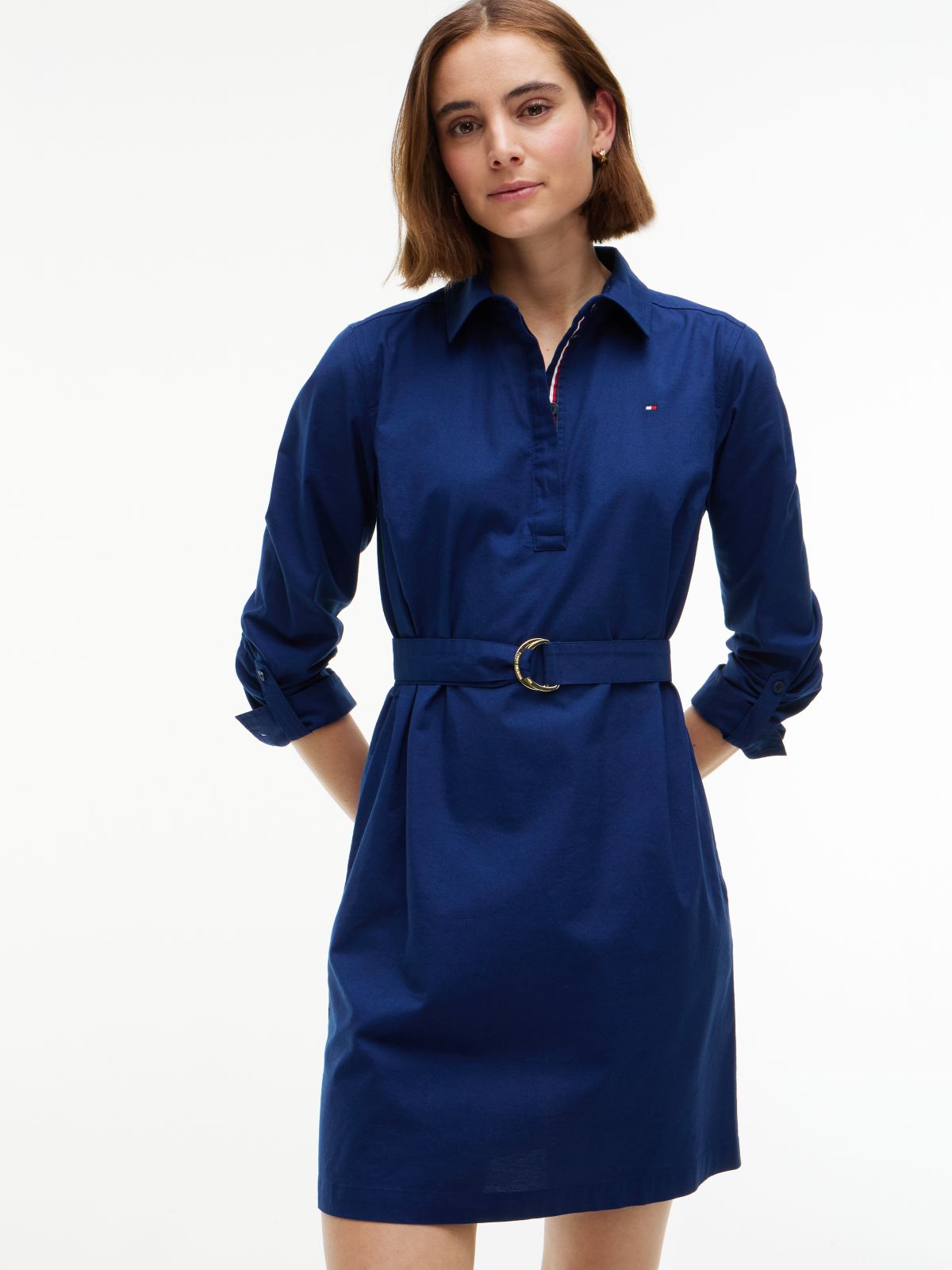 Belted Oxford Shirtdress — Preppy Navy