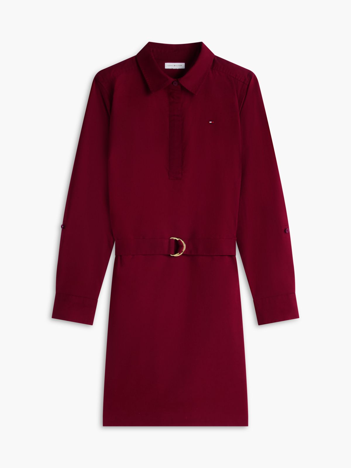 Belted Oxford Shirtdress — Burgundy