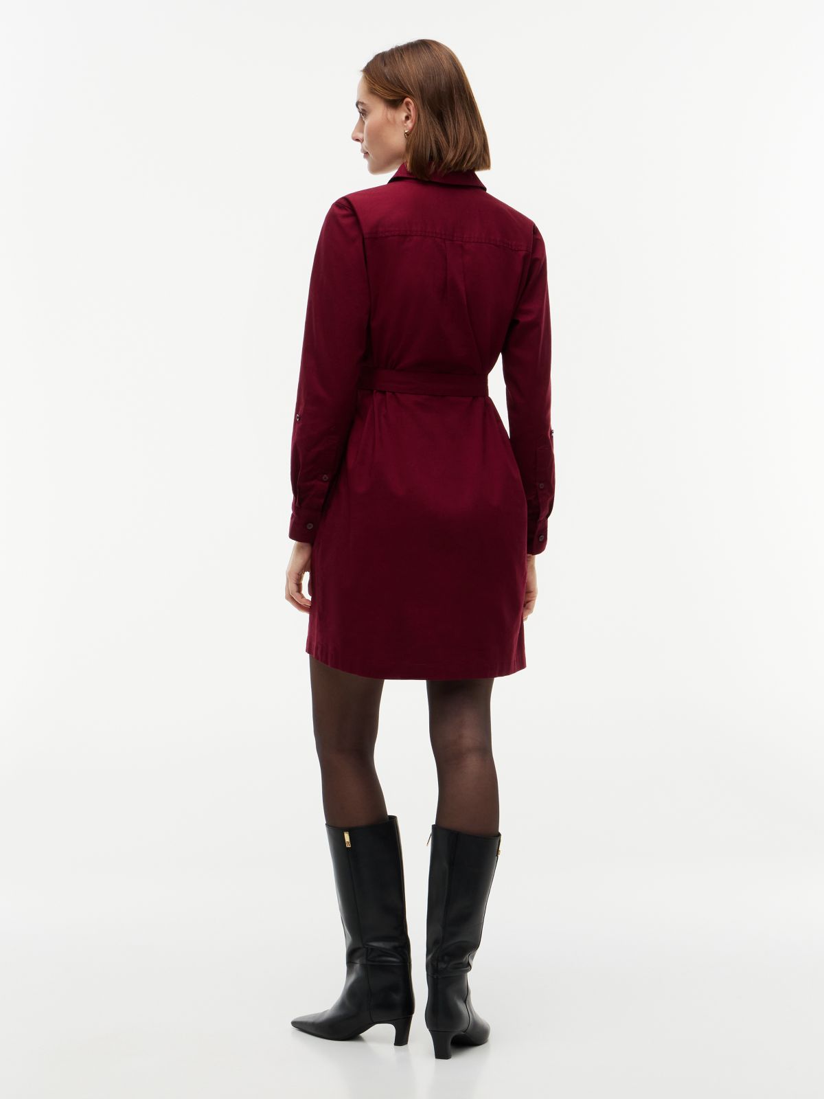 Belted Oxford Shirtdress — Burgundy