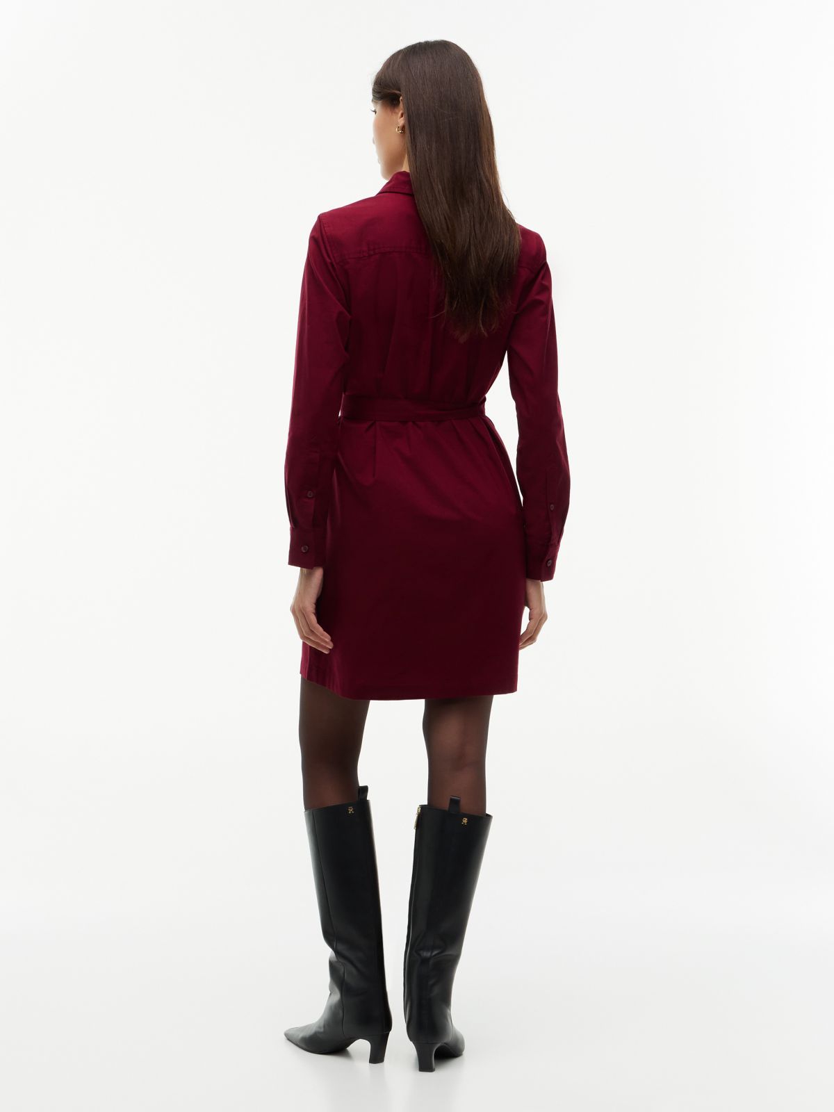 Belted Oxford Shirtdress — Burgundy