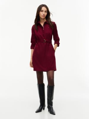 Belted Oxford Shirtdress, Burgundy