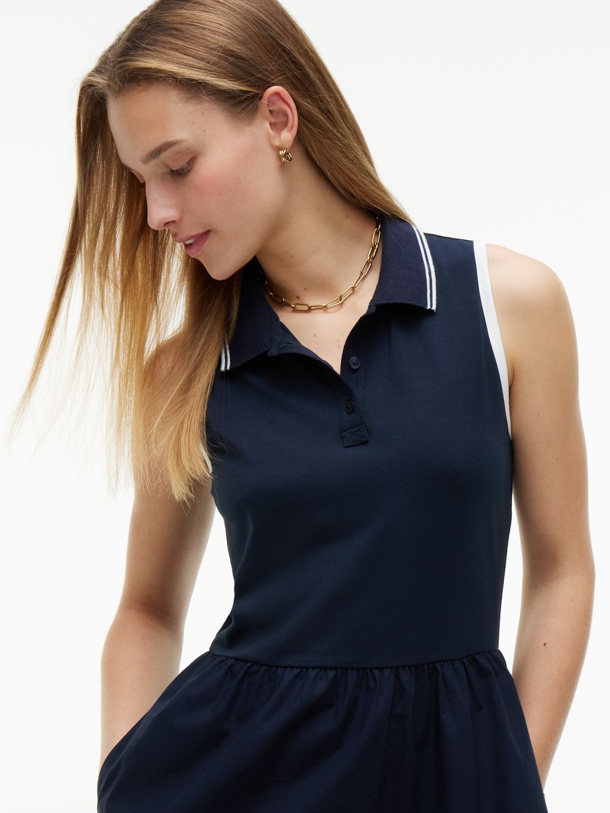 Mixed-Media Sleeveless Polo Midi Dress — Navy Blue