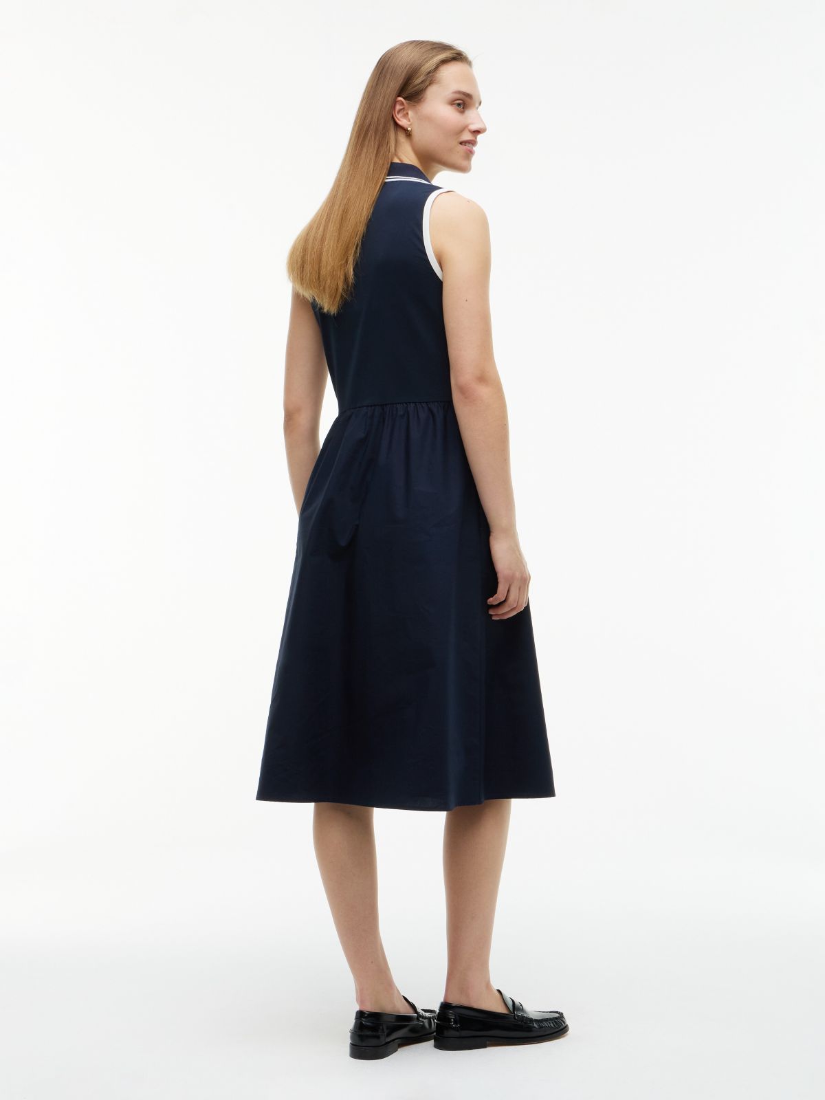 Mixed-Media Sleeveless Polo Midi Dress — Navy Blue