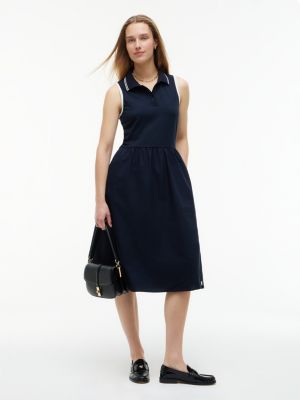 Mixed-Media Sleeveless Polo Midi Dress, Navy Blue