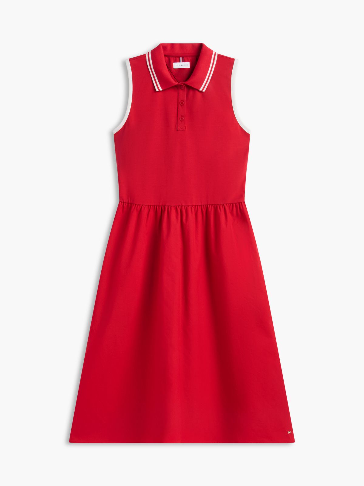 Mixed-Media Sleeveless Polo Midi Dress — Red