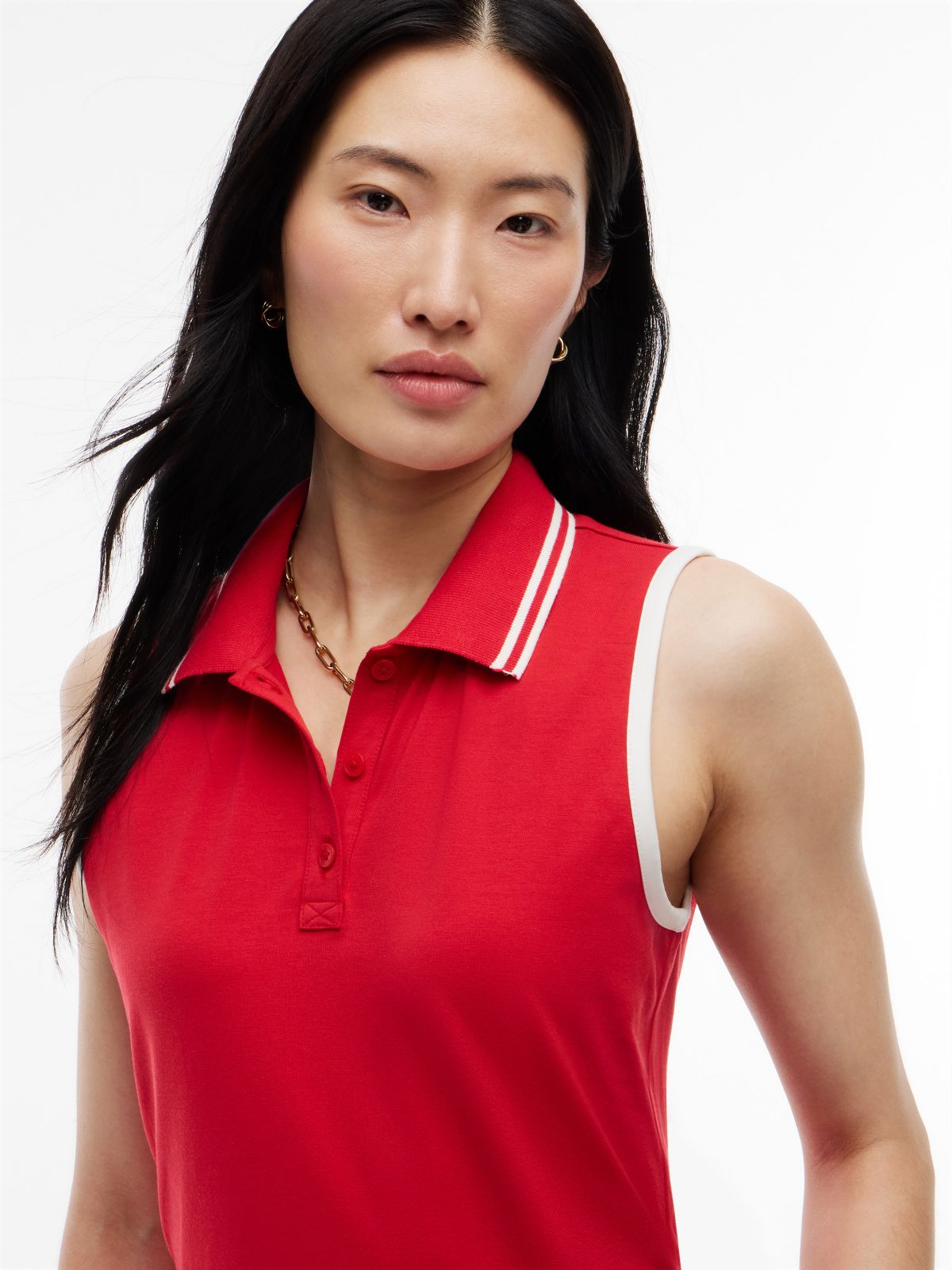 Mixed-Media Sleeveless Polo Midi Dress — Red
