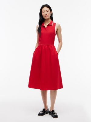 Mixed-Media Sleeveless Polo Midi Dress, Red