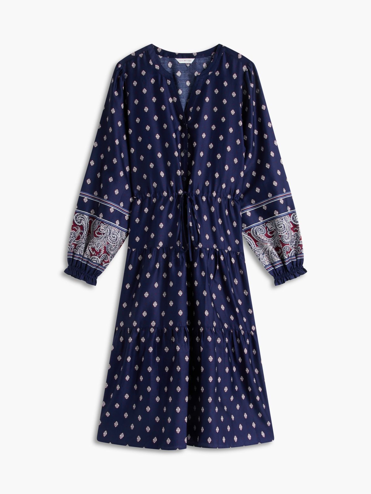 Foulard Print Sateen Tiered Midi Dress — Preppy Navy
