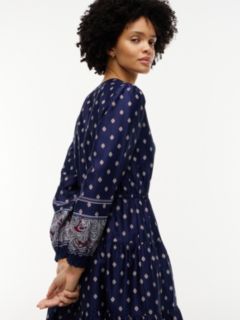Foulard Print Sateen Tiered Midi Dress — Preppy Navy 2