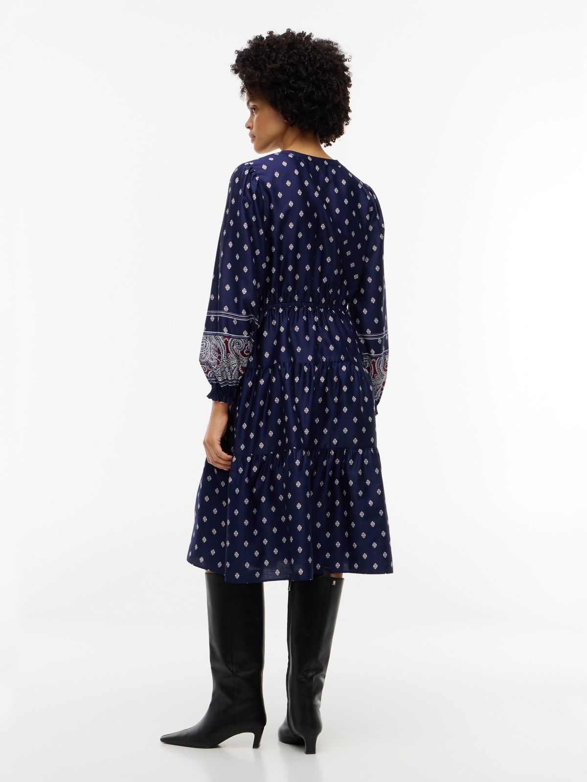 Foulard Print Sateen Tiered Midi Dress — Preppy Navy
