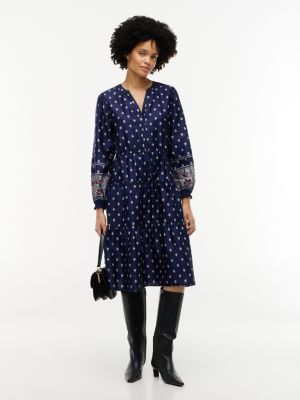 Foulard Print Sateen Tiered Midi Dress, Preppy Navy