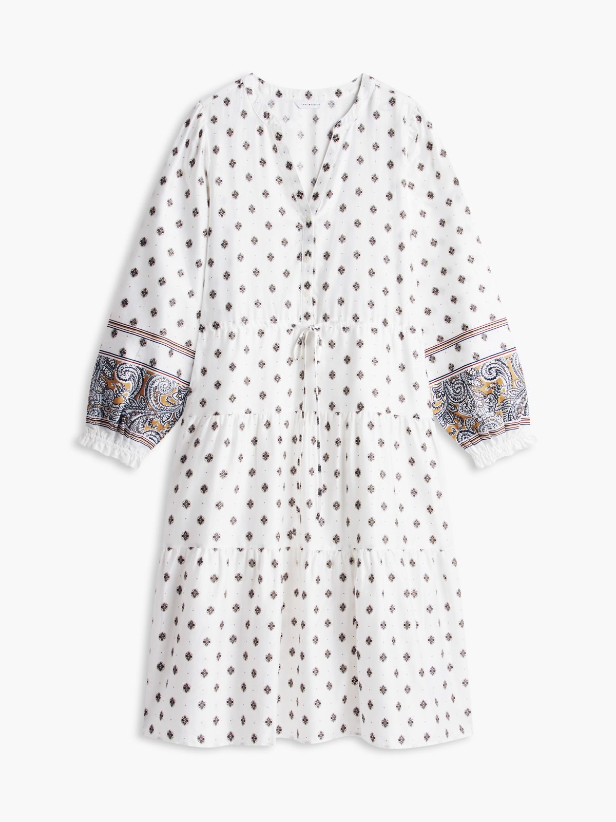 Foulard Print Sateen Tiered Midi Dress — Creamy White