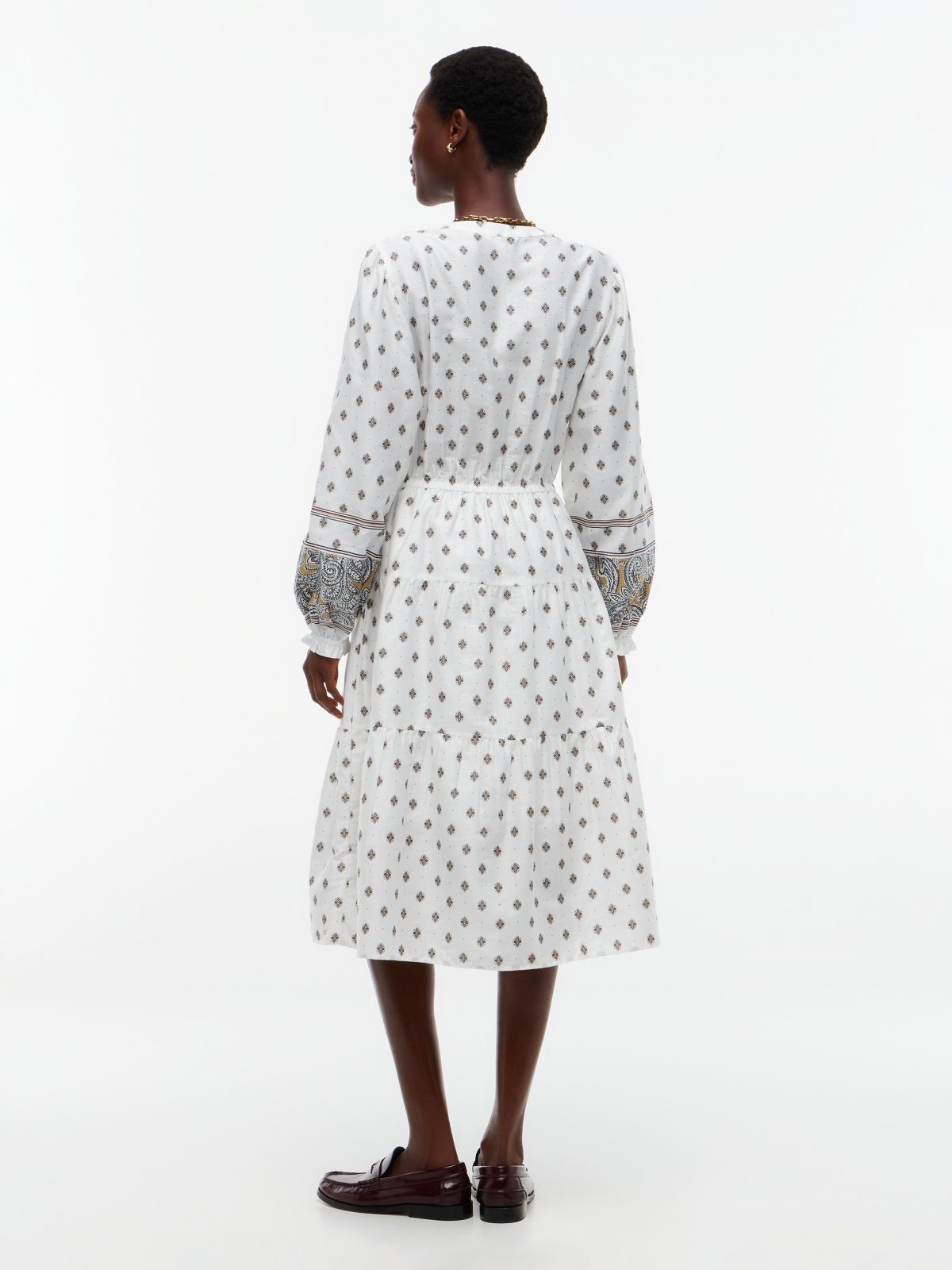 Foulard Print Sateen Tiered Midi Dress — Creamy White