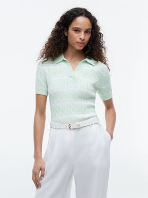 Striped Cable Knit Sweater Polo, Opal Green