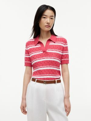 Striped Cable Knit Sweater Polo, Bold Rose