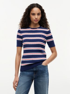 Short-Sleeve Striped Cable Knit Sweater, Preppy Navy