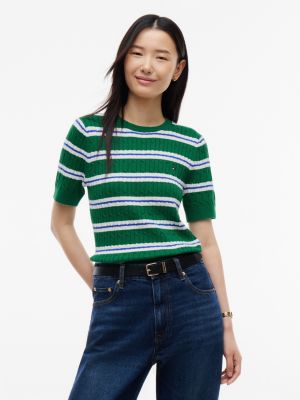 Short-Sleeve Striped Cable Knit Sweater, Nouveau Green
