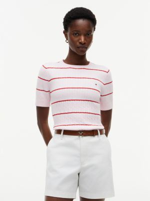 Short-Sleeve Striped Cable Knit Sweater, Pink Lily