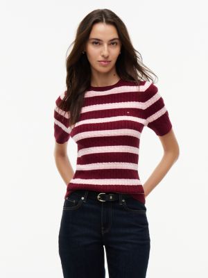 Short-Sleeve Striped Cable Knit Sweater, Burgundy