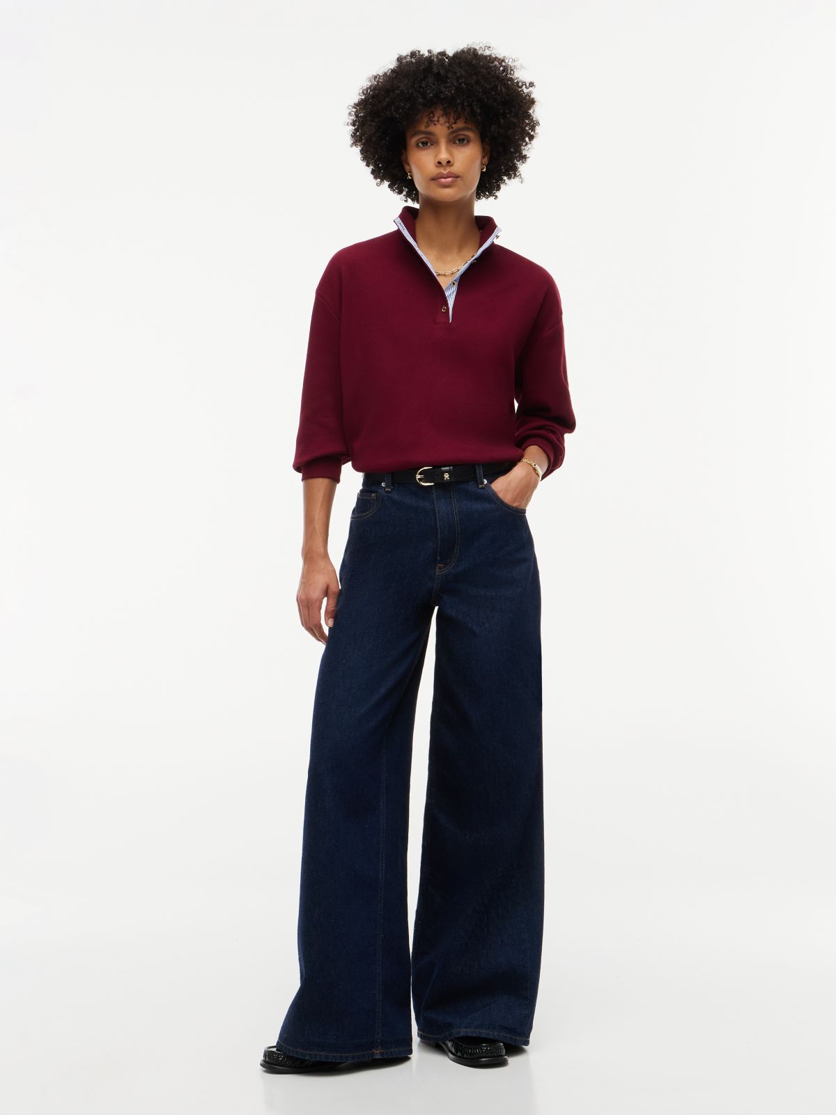 Long-Sleeve Waffled Henley — Burgundy