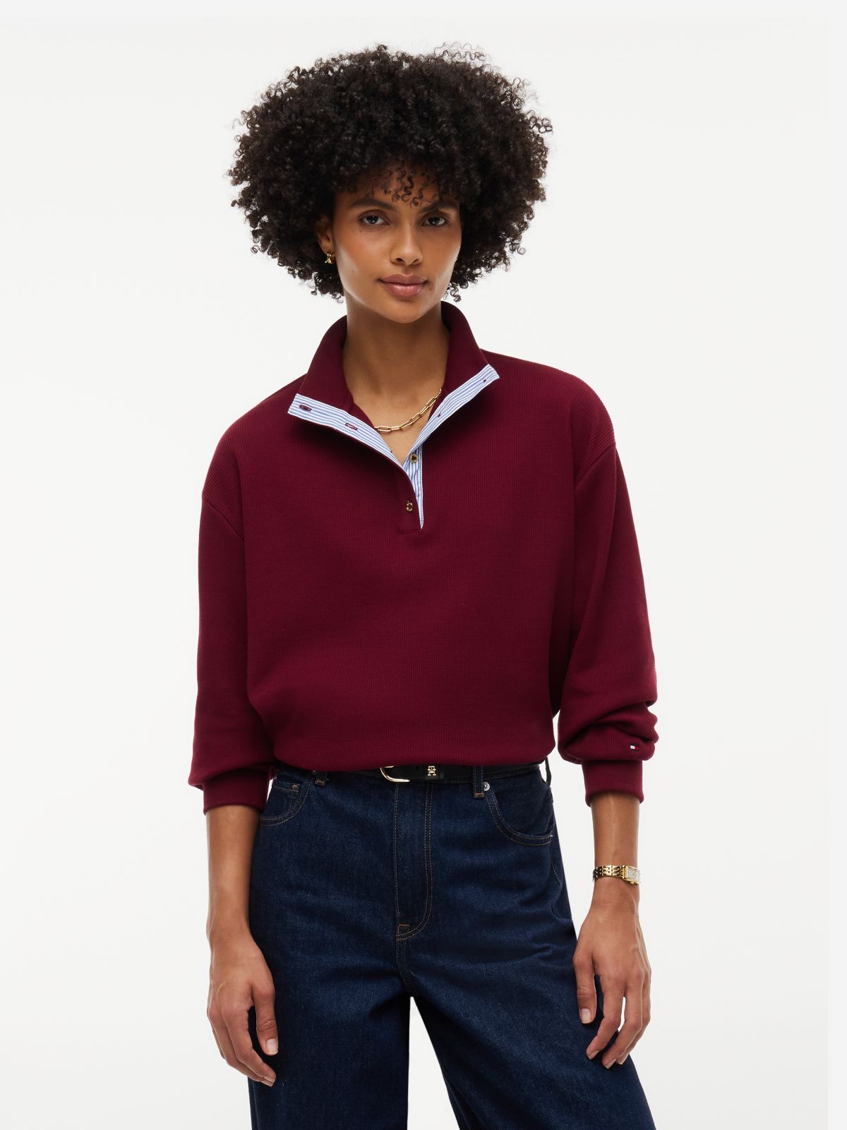 Long-Sleeve Waffled Henley — Burgundy