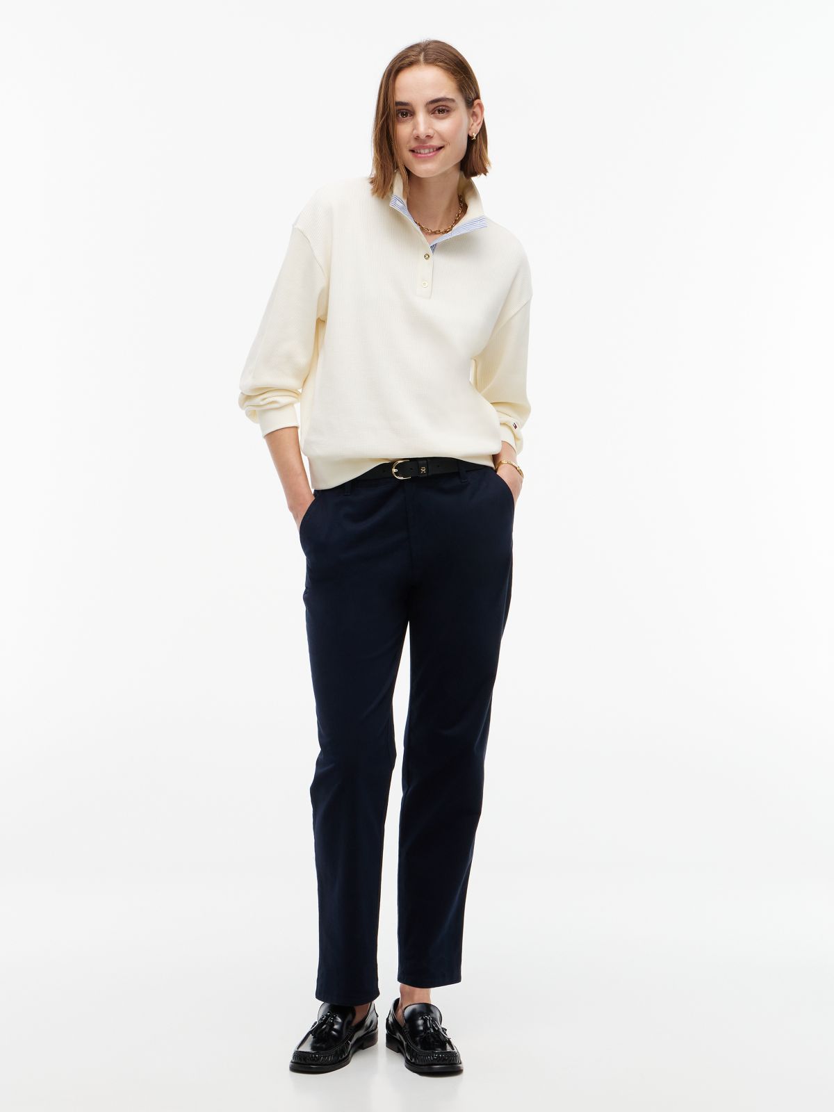 Long-Sleeve Waffled Henley — Rich Cream