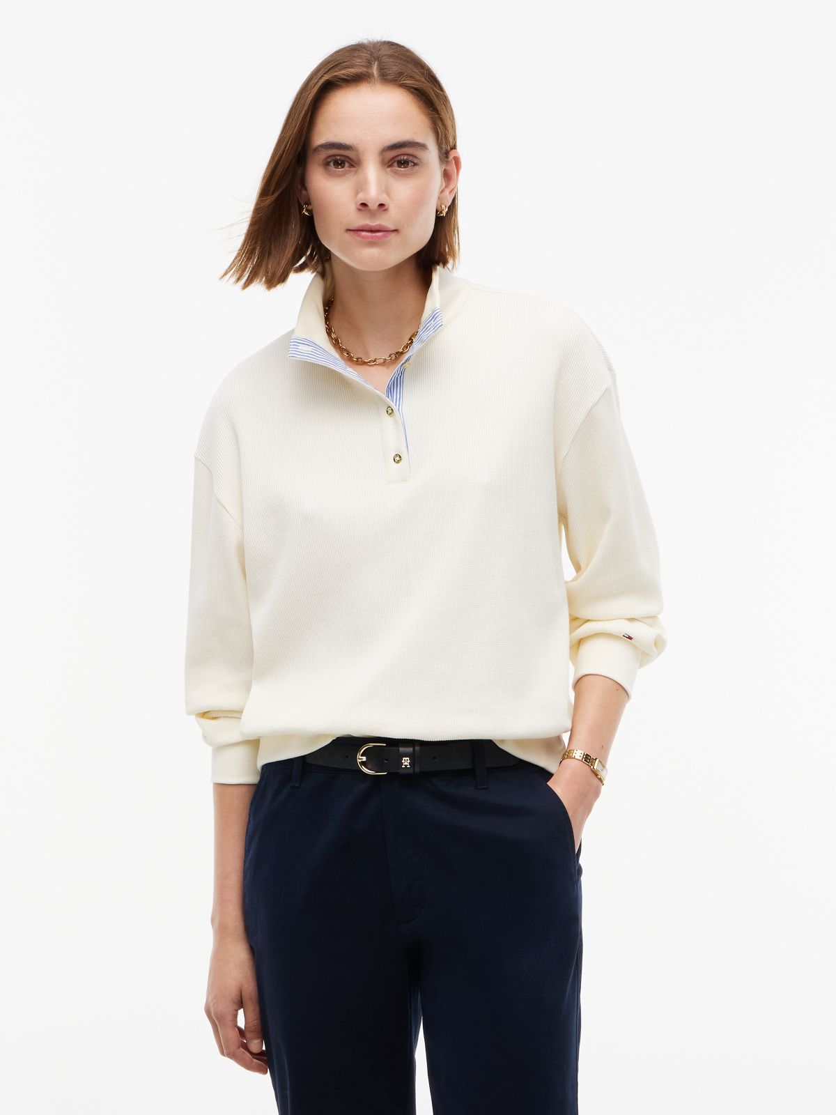 Long-Sleeve Waffled Henley — Rich Cream