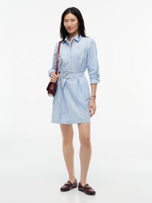 Belted Striped Oxford Shirtdress, Powdery Blue