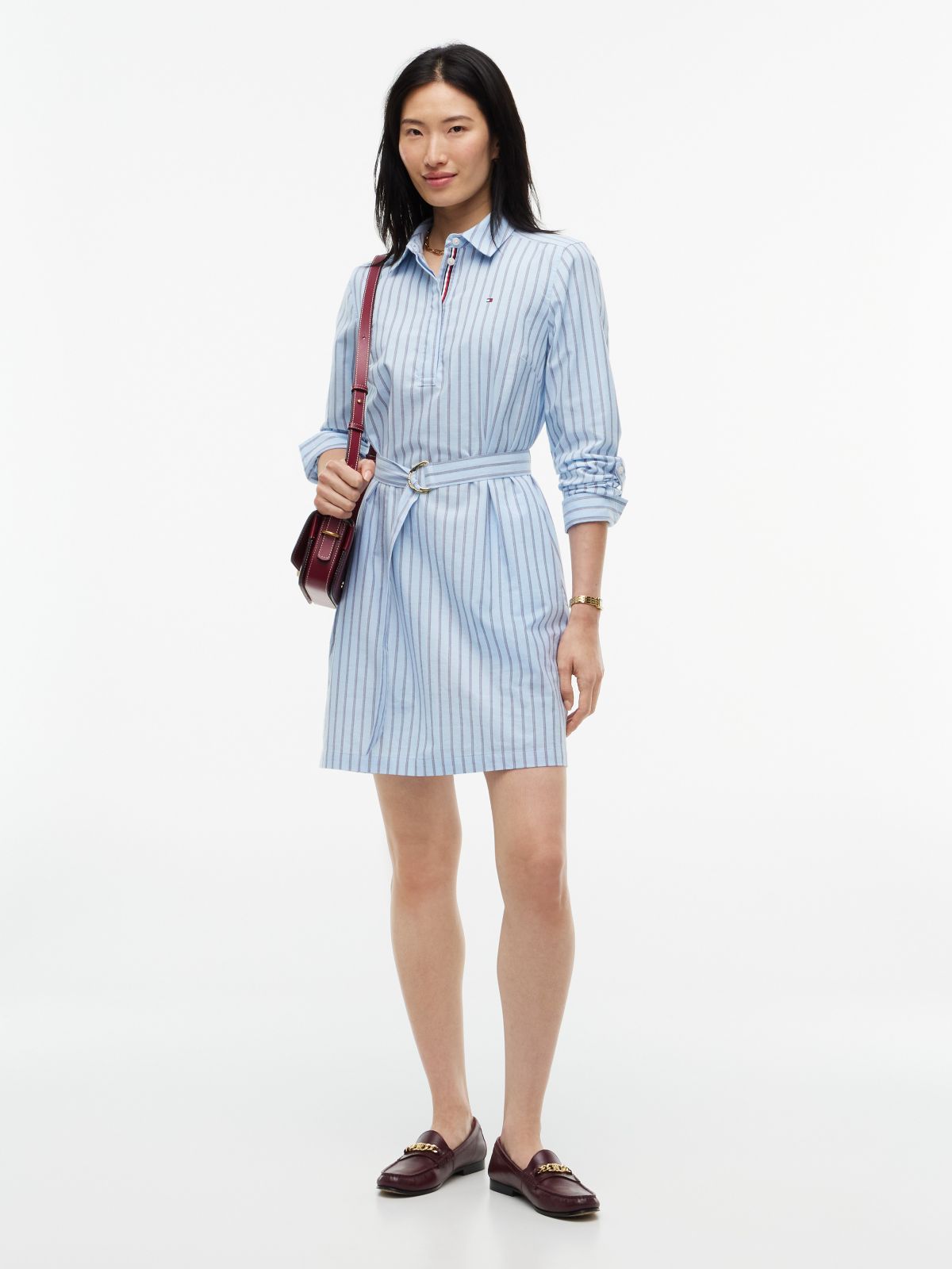 Belted Striped Oxford Shirtdress — Powdery Blue