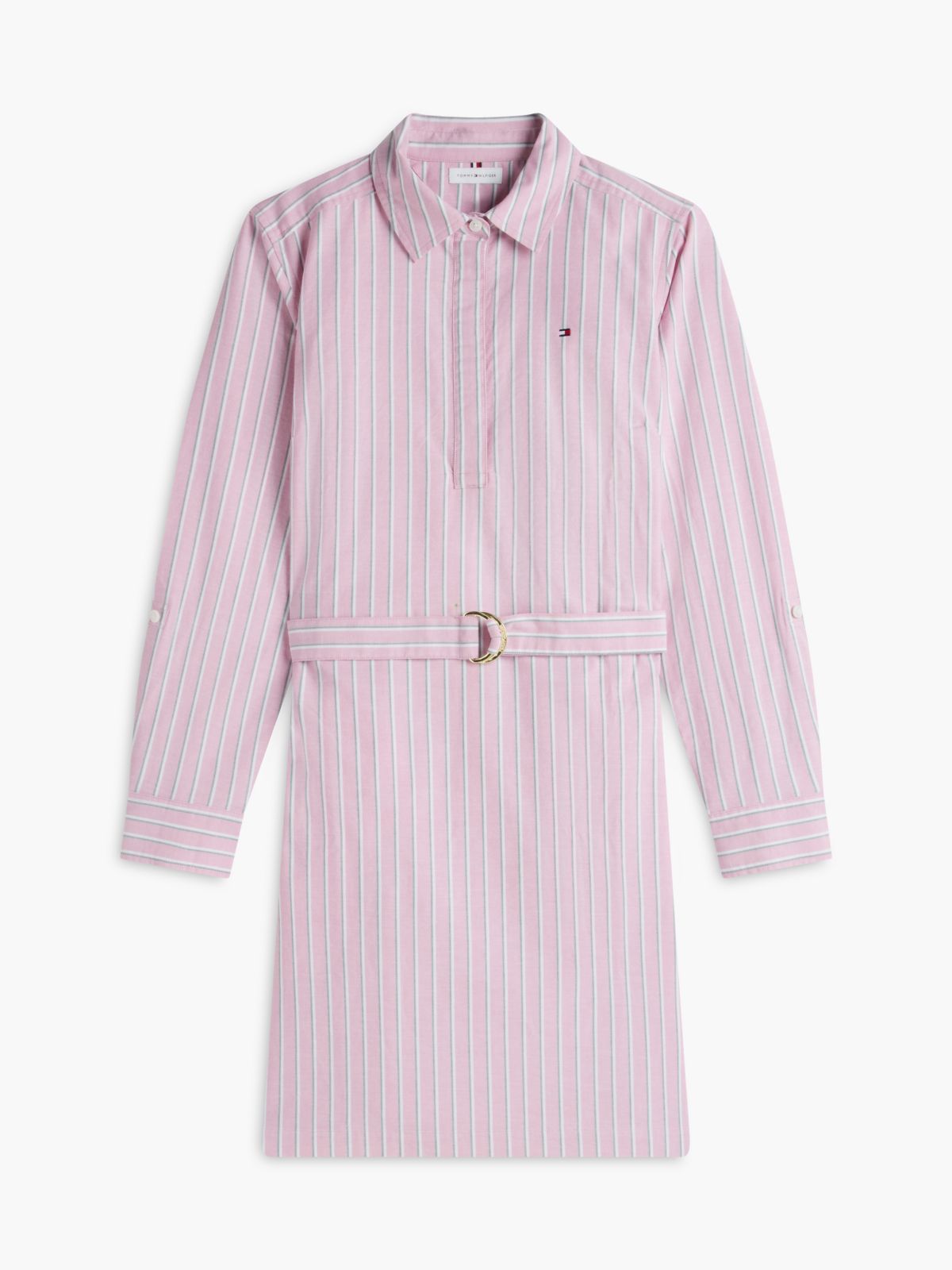 Belted Striped Oxford Shirtdress — Mystic Pink