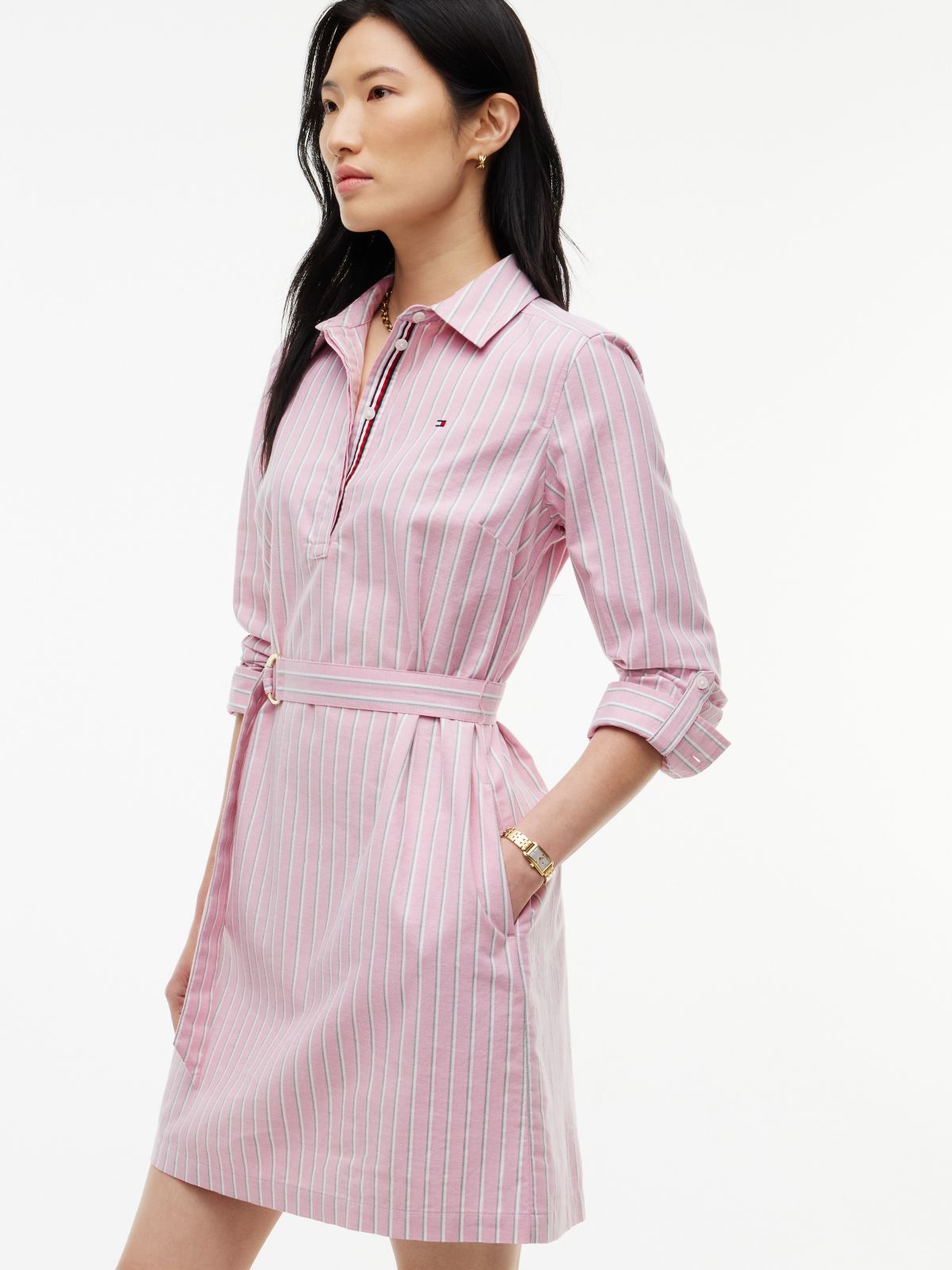 Belted Striped Oxford Shirtdress — Mystic Pink