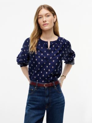 Relaxed Fit Foulard Print Sateen Blouse, Preppy Navy