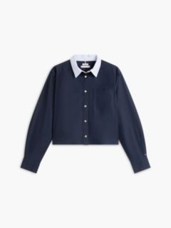 Boxy Fit Gold-Button Poplin Shirt — Navy Blue 5