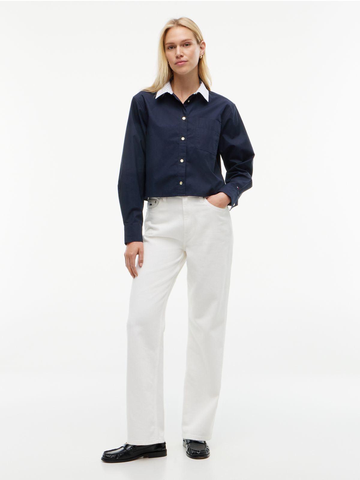 Boxy Fit Gold-Button Poplin Shirt — Navy Blue