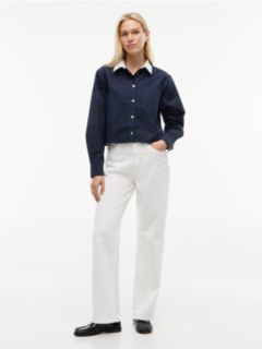 Boxy Fit Gold-Button Poplin Shirt — Navy Blue 2