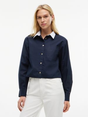 Boxy Fit Gold-Button Poplin Shirt, Navy Blue