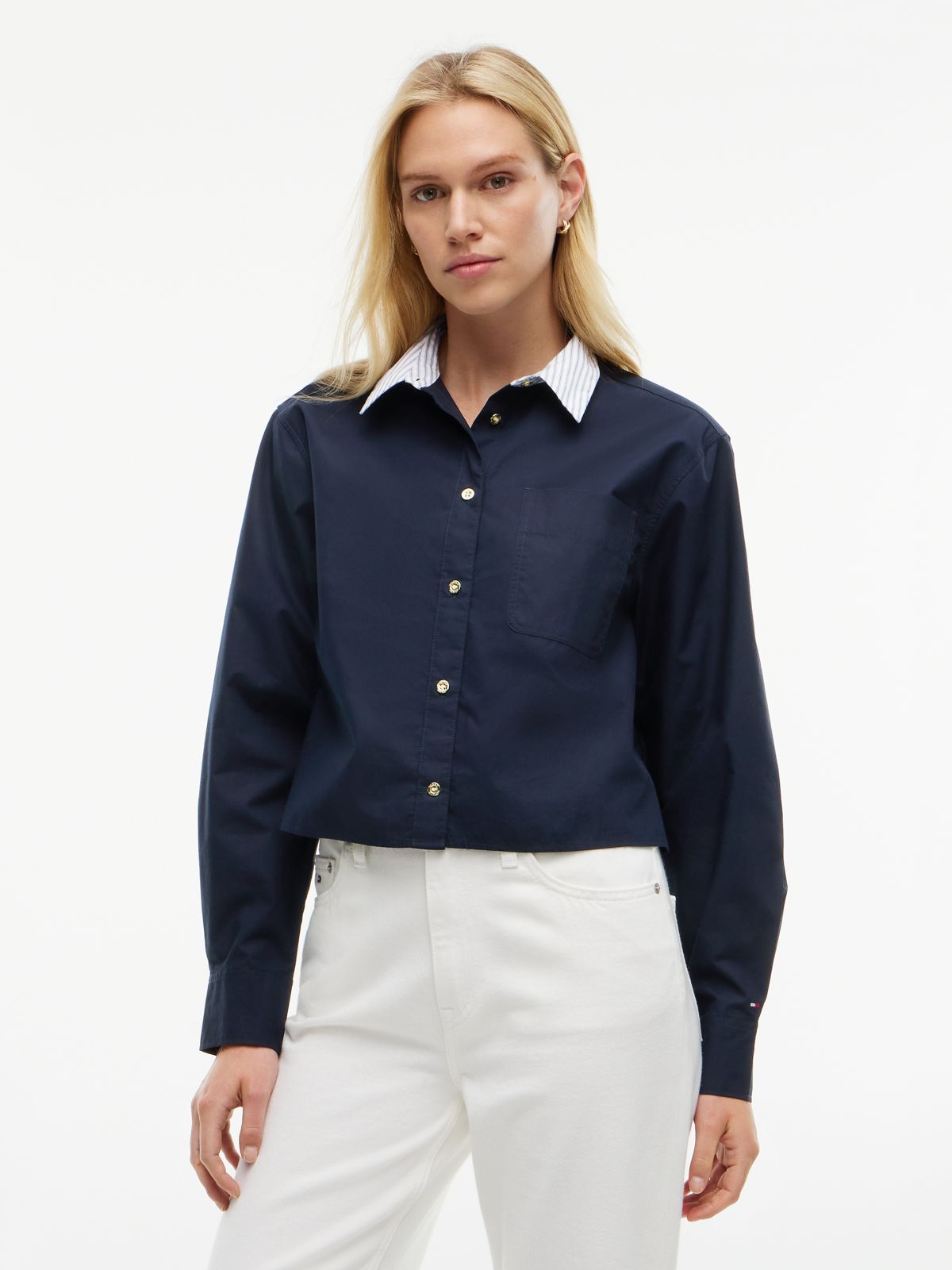Boxy Fit Gold-Button Poplin Shirt — Navy Blue
