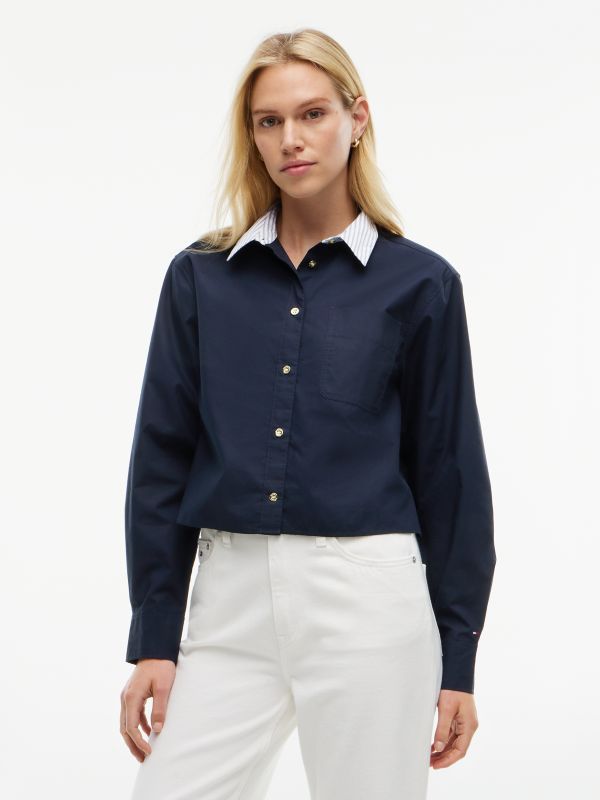 Boxy Fit Gold-Button Poplin Shirt — Navy Blue