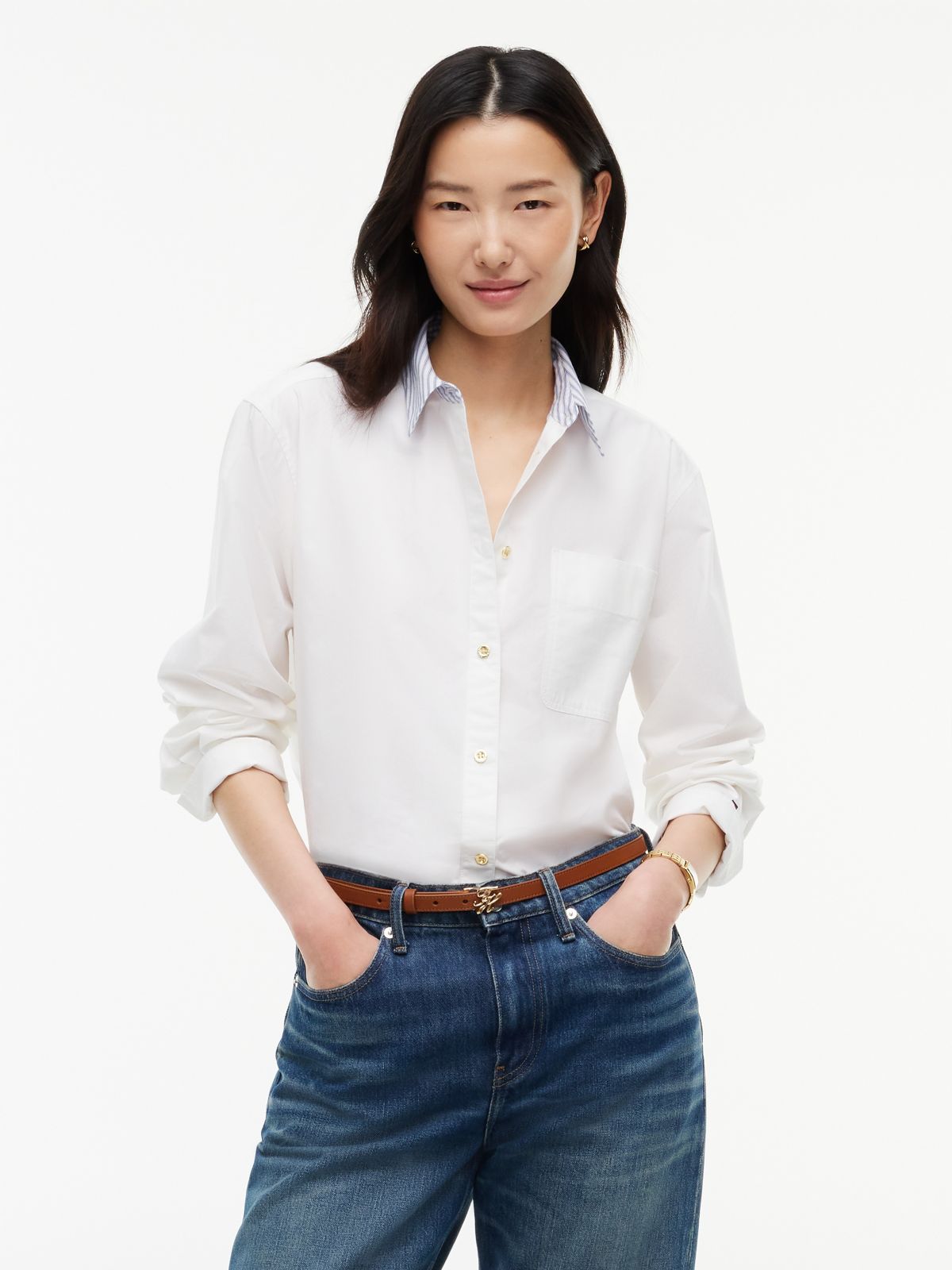 Boxy Fit Gold-Button Poplin Shirt — Optic White