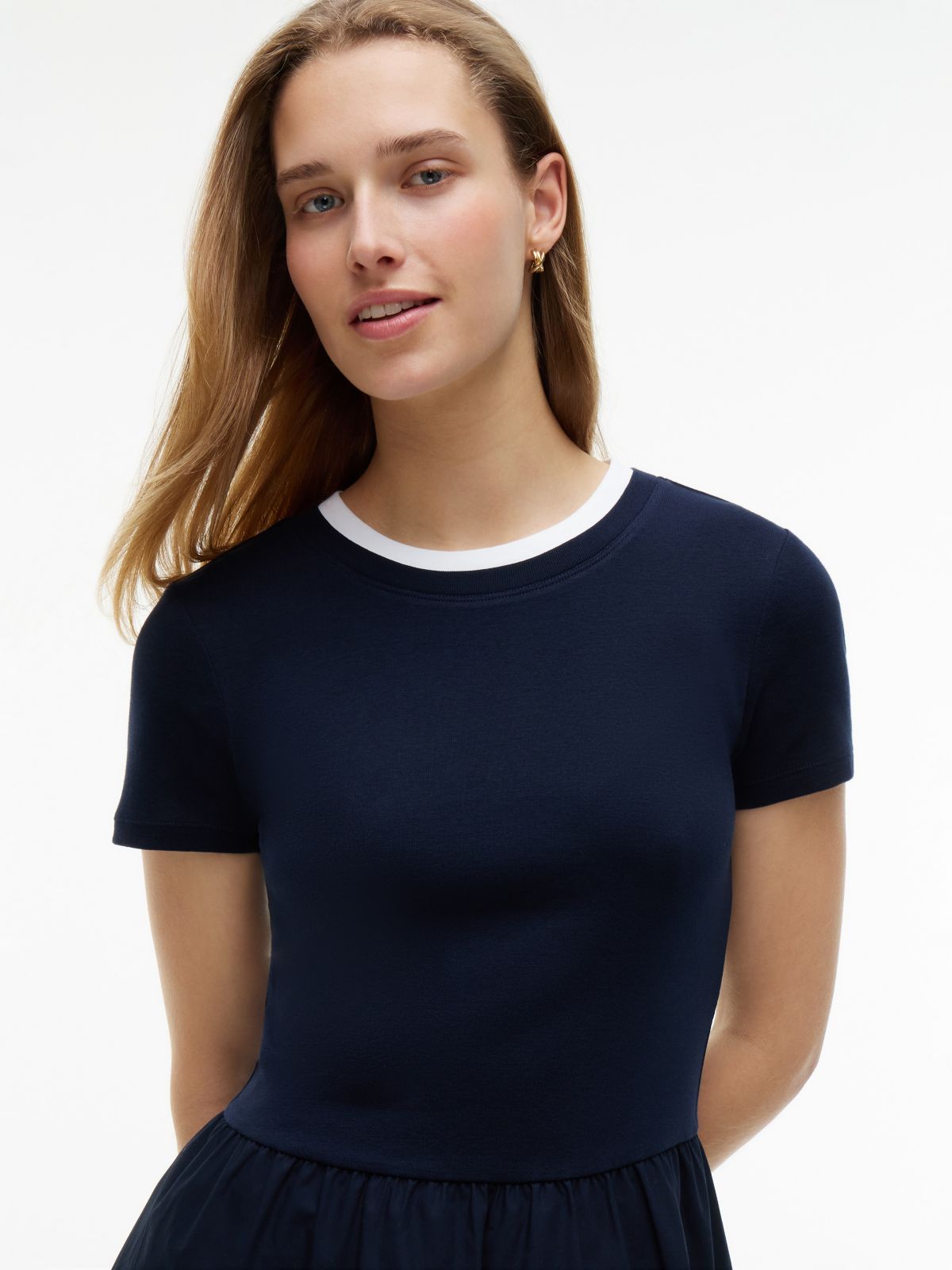 Mixed-Media T-Shirt Midi Dress — Navy Blue