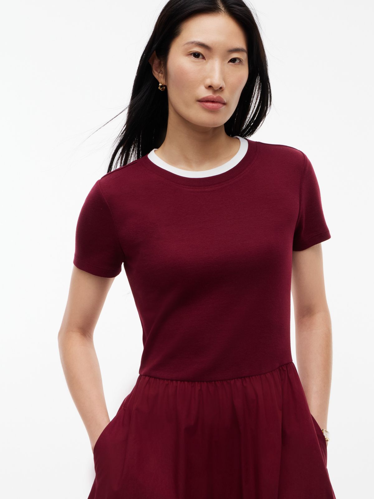 Mixed-Media T-Shirt Midi Dress — Burgundy